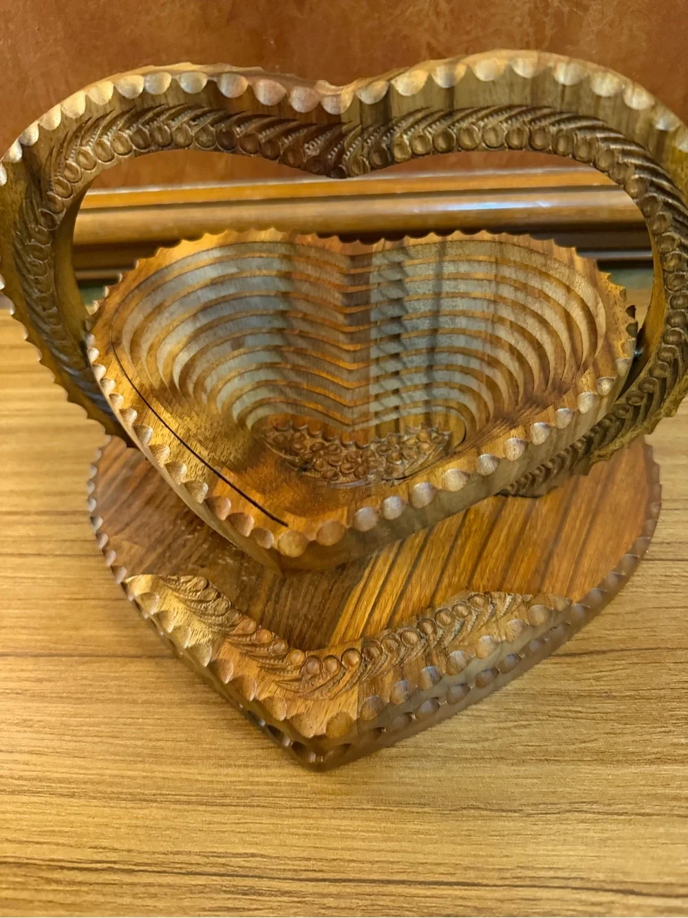 Vintage Hand Carved Sheesham Wood Collapsible Basket 10